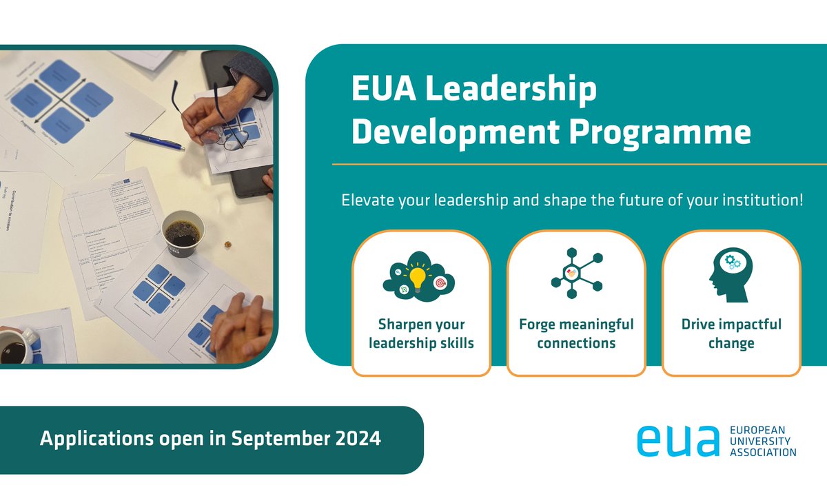 euatweets's tweet photo. Starting in April 2025, EUA will bring together up to 20 senior university leaders for a pilot #LeadershipDevelopment Programme fostering exceptional leadership skills with a distinct European perspective. 🎓👥🌍 
📆  Applications open in September
ℹ️   https://t.co/48V2j1rkLl https://t.co/pdhKoxvY2r