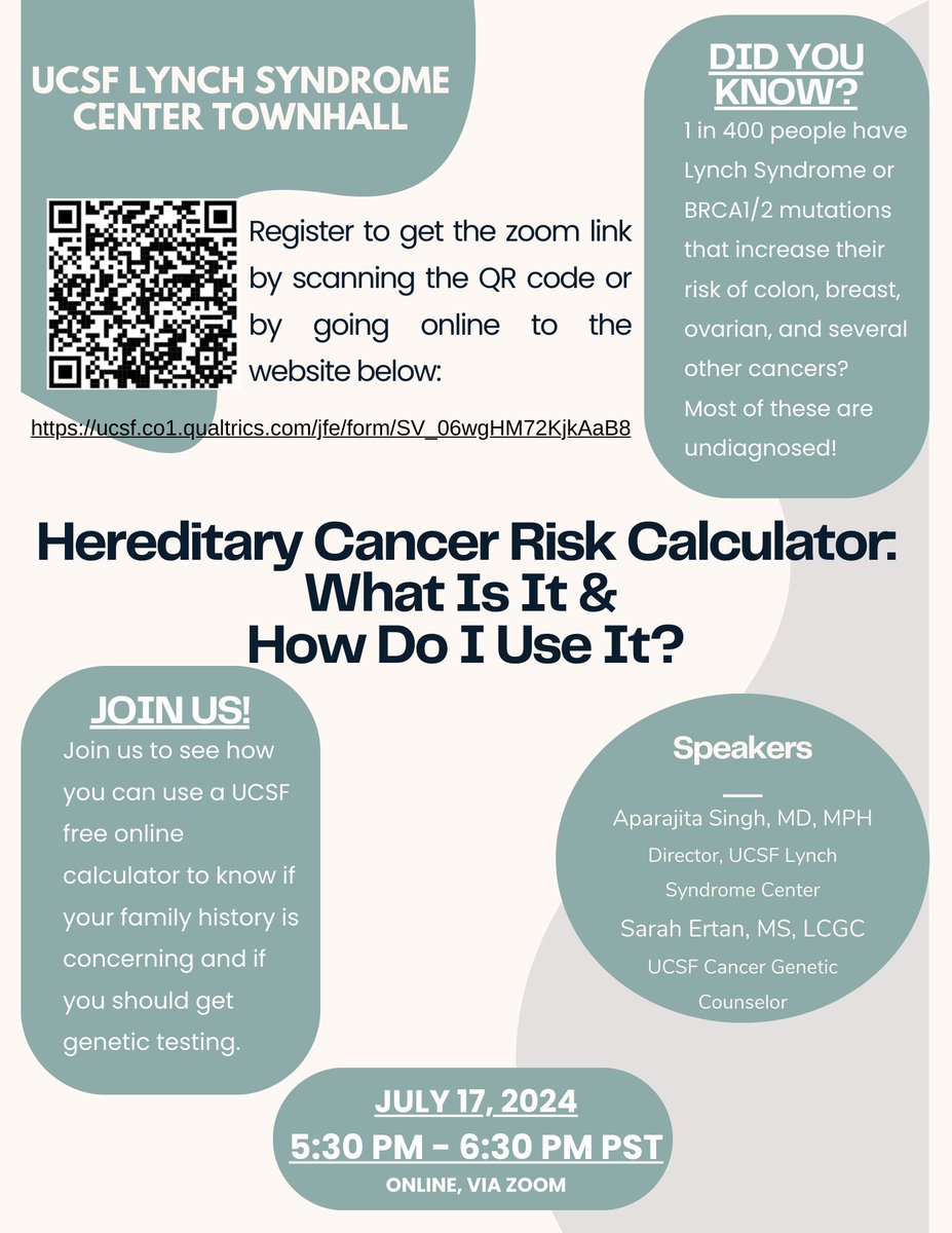 CGAIGC's tweet image. 📢Our Council member @AparajitaSingh0 will present the @UCSF Hereditary Cancer Risk Calculator tomorrow, Wed July 17, 5.30pm PT!

 #HCP  #patients &amp;amp;  #previvors don't miss this valuable presentation!

➡️Register here👉tinyurl.com/yckeswhn

#HereditaryGICancer #LynchSyndrome