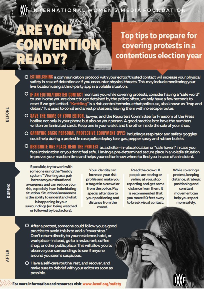IWMF's tweet image. 📣 Calling all journalists! Our new one-pager &quot;ARE YOU CONVENTION READY?&quot; is now available. 

Get essential tips for safely covering protests during this election year. From pre-event prep to on-site strategies, we&apos;ve got you covered. 

#JournalismSafety #ProtestCoverage