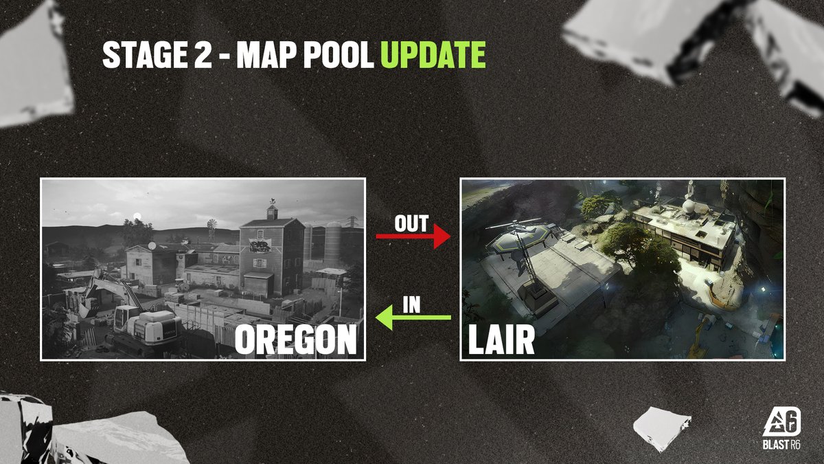 R6esports's tweet image. 📢 STAGE 2 MAP POOL UPDATE  🚨

From the beginning of Stage 2 activity, we will be introducing a map pool update:

Oregon - OUT
Lair - IN

Which teams do you think will become the first Lair specialists? 🤔