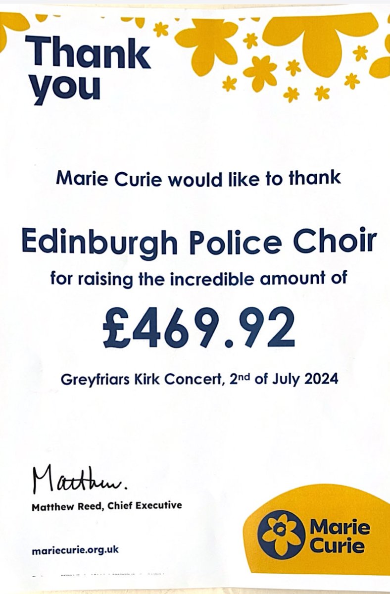 Following on from our performance in ⁦<a href="/greyfriars_kirk/">Greyfriars Kirk</a>⁩ earlier this month alongside the #AmericanTapestryChorus , ⁦<a href="/mariecurieuk/">Marie Curie</a>⁩ volunteers raised £469.92 through a closing collection 💜🌻🏴󠁧󠁢󠁳󠁣󠁴󠁿🇺🇸🎶

#mariecuriehospice #supportingcharity #volunteers
#scottishchoir