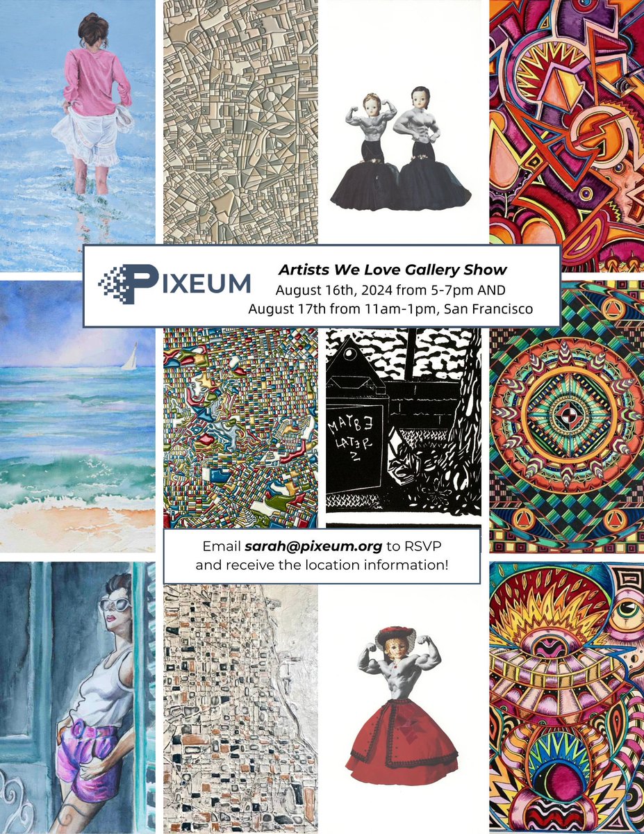 Pixeum's tweet photo. We are excited! Father-daughter team Tom and Sarah Paper (and Pixeum) are hosting an art event on August 16 &amp; 17 in San Francisco. The “Artists We Love Gallery Show” will feature Alp Ozberker, Lillian Shanahan, Miriam Sweeney, and Megan Bigelow. Email sarah@pixeum.org to attend. https://t.co/02UYAM88WH