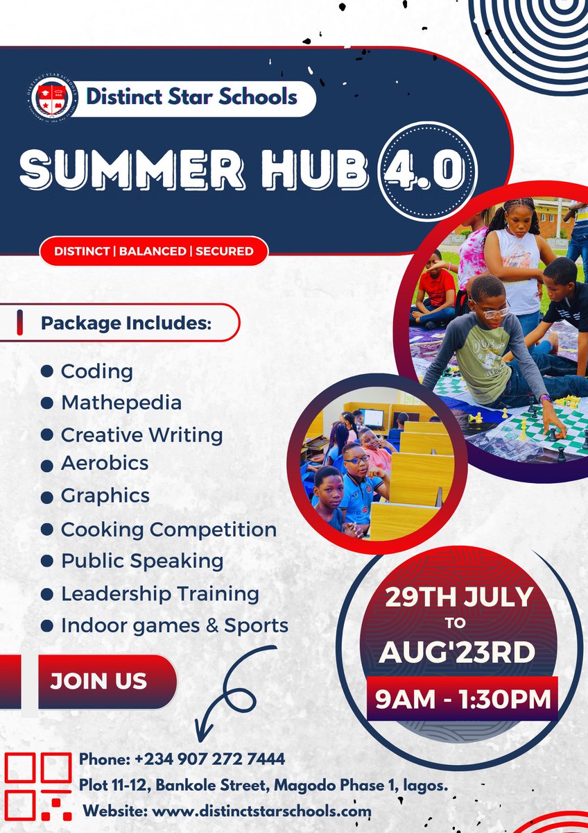 Distinctstarsch's tweet photo. DSIC Summer Hub 4.0 💃🏾💃🏾🕺🏽🕺🏽
Get ready for an exciting summer school experience!
Over the next month, our stars will have the opportunity to explore and develop their skills while having fun.

Don’t miss out—everyone is welcome!
#summerschool 
#summer 
#summervibes
#wearedistinct https://t.co/mbYdX26cA9
