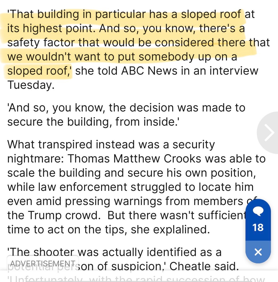 kylenabecker's tweet image. NEW: Secret Service director Kim Cheatle, good friend of Jill Biden and the new face of America's competency crisis, didn't post snipers on the roof where Trump was shot at because it was a sloped roof and she was afraid someone might slip and fall.

You can't make this stuff up.