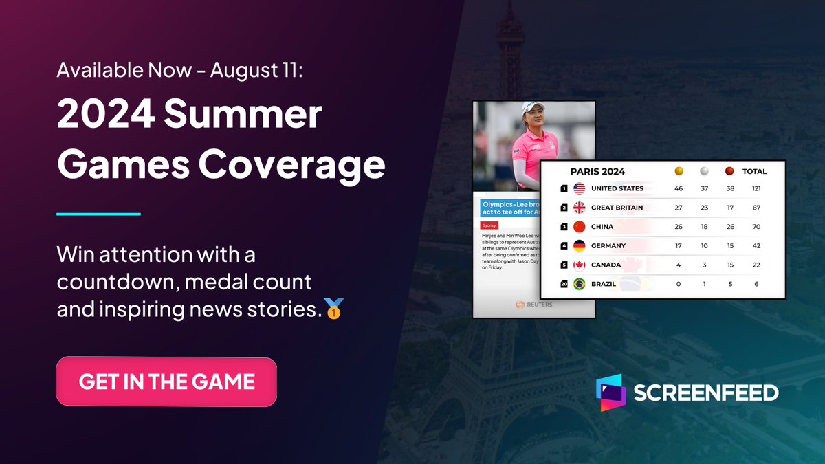 Screenfeed Content (@screenfeed) on Twitter photo 2024 Summer Games content is available now! Get a live countdown until the opening ceremony, a daily medal count once the games start through August 11, and fresh stories about athletes, game results and other inspiring moments from Reuters News: hubs.ly/Q02GGtMv0 2024 Summer Games content is available now! Get a live countdown until the opening ceremony, a daily medal count once the games start through August 11, and fresh stories about athletes, game results and other inspiring moments from Reuters News: hubs.ly/Q02GGtMv0