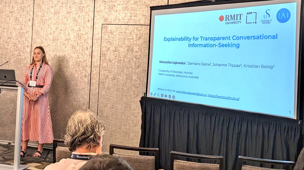 Johanne (@jtrippas) on Twitter photo Great presentation by <a href="/weronika_laj/">Weronika Łajewska</a> of the paper Explainability for Transparent Conversational Information-Seeking w/ <a href="/weronika_laj/">Weronika Łajewska</a> <a href="/damiano10/">Damiano Spina 🦋@damianospina.com</a> <a href="/JTrippas/">Johanne</a> and <a href="/krisztianbalog/">Krisztian Balog</a> 👏👏
#sigir2024 #sigir24 <a href="/RMITComputing/">RMIT School of Computing Technologies</a> @AdmsCentre Great presentation by <a href="/weronika_laj/">Weronika Łajewska</a> of the paper Explainability for Transparent Conversational Information-Seeking w/ <a href="/weronika_laj/">Weronika Łajewska</a> <a href="/damiano10/">Damiano Spina 🦋@damianospina.com</a> <a href="/JTrippas/">Johanne</a> and <a href="/krisztianbalog/">Krisztian Balog</a> 👏👏
#sigir2024 #sigir24 <a href="/RMITComputing/">RMIT School of Computing Technologies</a> @AdmsCentre