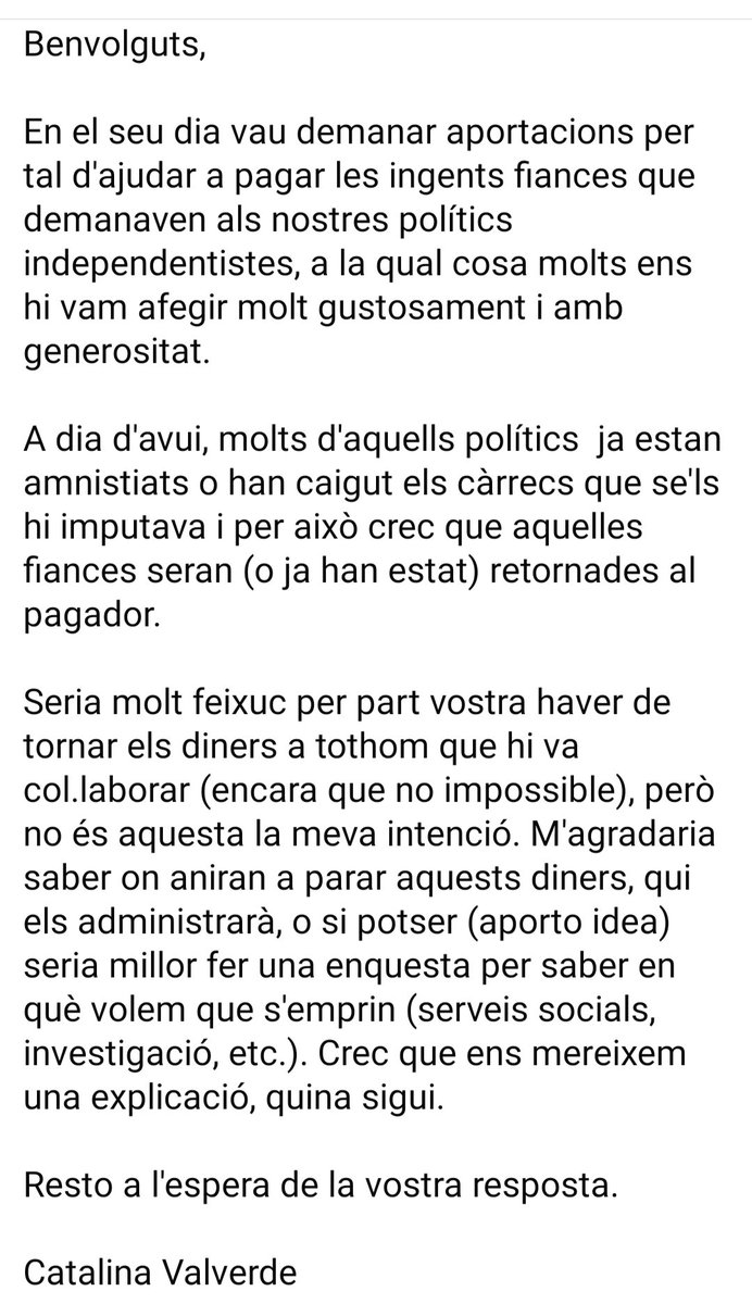 jm_clavero's tweet photo. Na Catalina Valverde és una independentista de pedra picada. La conec bé. Companya de molts actes i manifestacions. No té més xarxa que Facebook i hi ha fet pública la carta a ANC i Òmnium.
Atès que és molt raonable la petició, demano RT 
Gràcies https://t.co/9OuMrgSX95