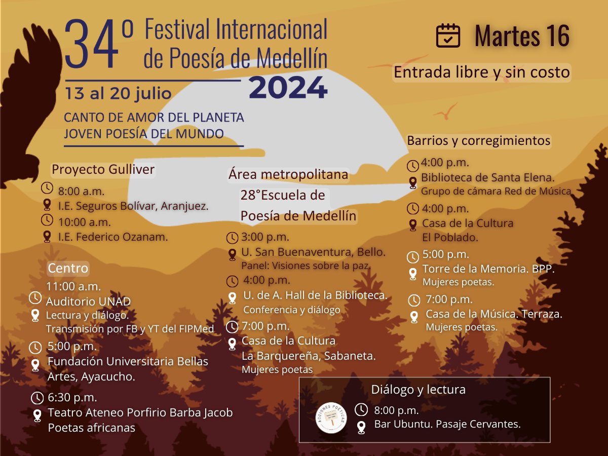 poesiamedellin's tweet photo. ¡Están invitados a disfrutar de nuestras actividades programadas para hoy, martes 16 de julio!
Encuentren la programación del #34FIPMed completa aquí: https://t.co/G7k7zUM2Rg
@ateneomedellin @BellasArtesMede @UniversidadUNAD @UdeA @Comfama @AlcSabaneta @BibliotecasMed https://t.co/pVpjbNexXA