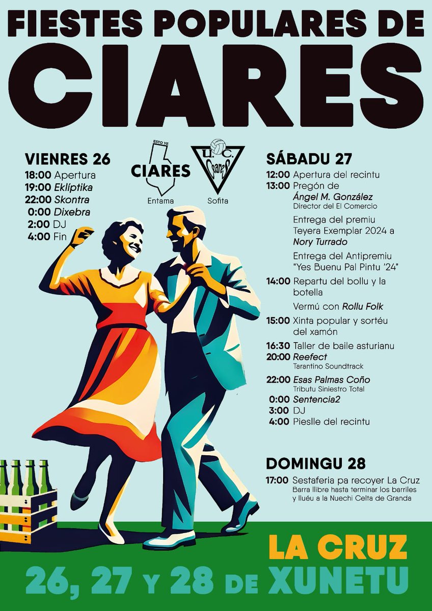 EstoYeCiares's tweet photo. 🔥 CARTEL DE FIESTAS 2024 🔥

Ya tenemos el cartel completo de las Fiestas populares de Ciares, viernes 26, sábado 27 y domingo 28, con grandes grupos, mucha colaboración vecinal y ambiente de barrio. ¡Nos vemos la semana que viene en La Cruz!

❤️ ¿Nos ayudas a compartirlo? ❤️ https://t.co/2GTnn9jwdR