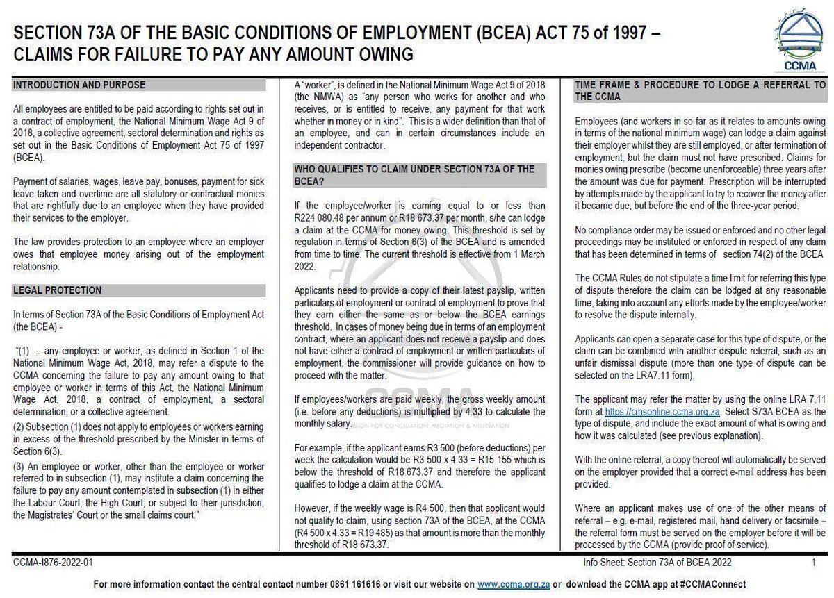 CCMA_SA's tweet photo. Payment of salaries, leave, sick leave is taken and overtime is all statutory or contractual monies rightfully due to an employee when they have provided their services. https://t.co/vwu04QhUY2