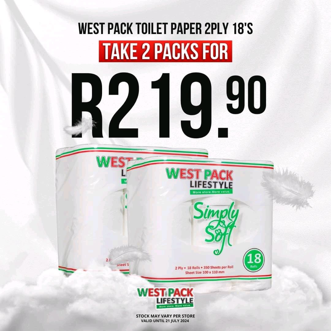 Pages_Potties's tweet image. Get more, spend less at West Pack Lifestyle! 🧻🧻

Double the rolls, double the savings! Grab 2 packs of 18 rolls of toilet paper for just R219.90. 🛒

#westpacklifestyle #getmorespendless #toiletpaper #letthegoodtimesroll #sale #deals