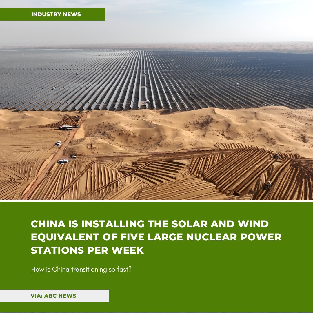 Industry Update!

 ⬇️⬇️⬇️

China is currently setting record-breaking levels of solar and wind energy installations. 

The speed of shift to clean energy is equivalent to installing five large-scale nuclear power plants every week.

++++++

VIA: @abcaustralia