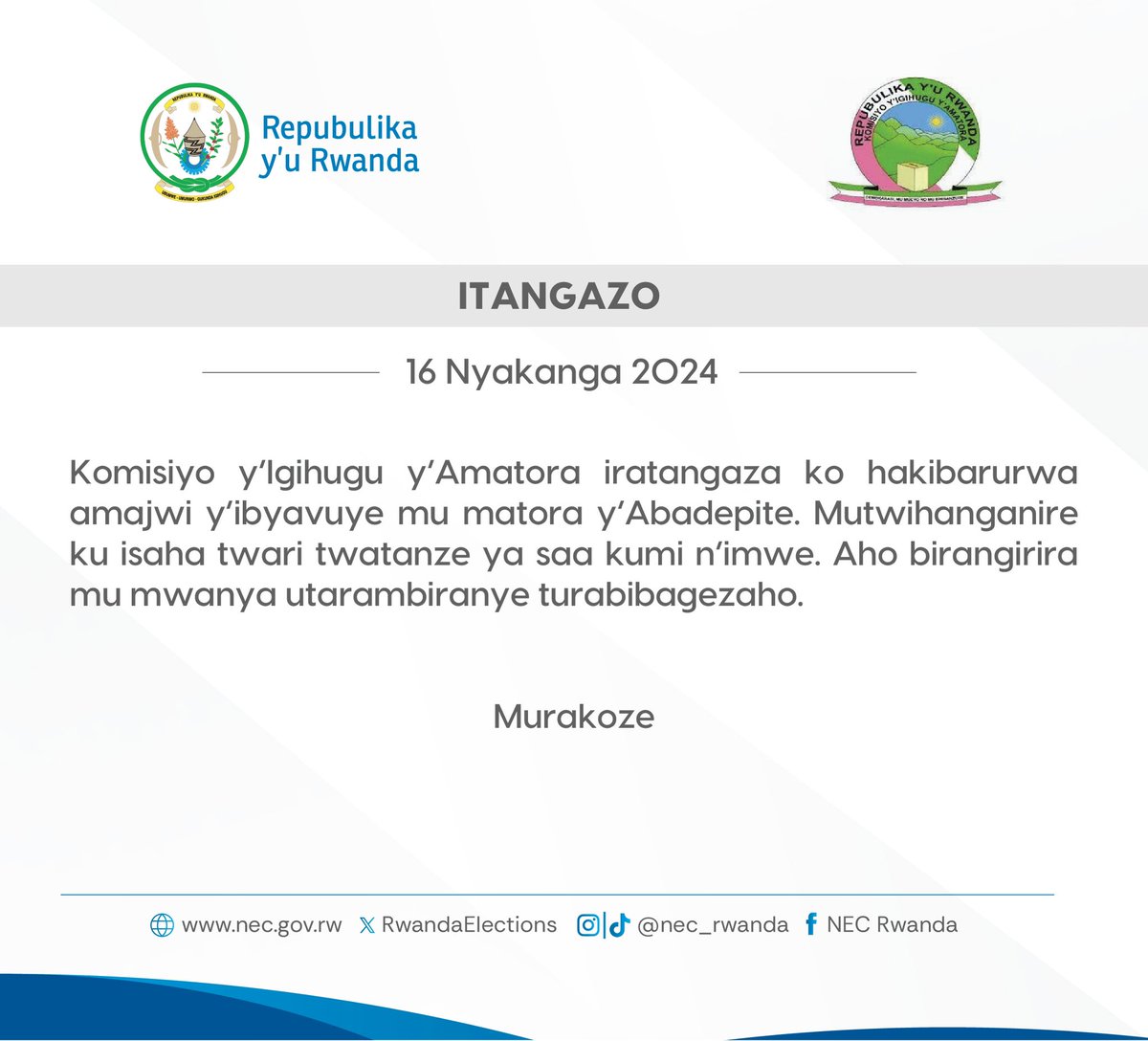 Komisiyo y’Igihugu y’Amatora iratangaza ko hakibarurwa amajwi y’ibyavuye mu matora y’Abadepite. Mutwihanganire ku isaha twari twatanze ya saa kumi n’imwe. Aho birangirira mu mwanya utarambiranye turabibagezaho. Murakoze.

#AmatoraMuMucyo