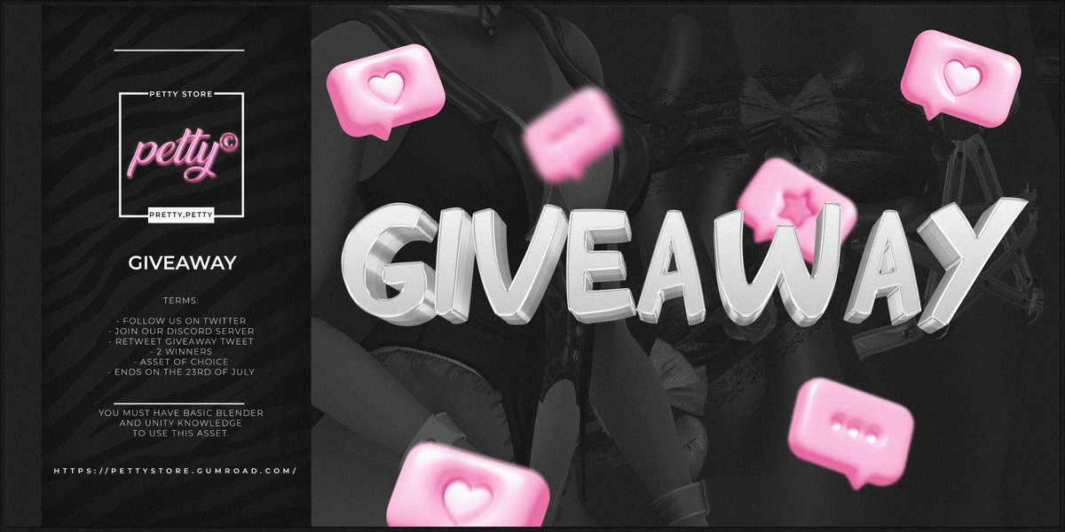 🎀GIVEAWAY TIME! 🎀
As an opening present - we are hosting a giveaway for an asset of your choice from our gumroad!

Please follow- 
- Must be following <a href="/ThePettyStore/">petty.store</a>
- Must be in our discord (link below)
- Please retweet this tweet!

#Vrchat #vrc #vrchatassets