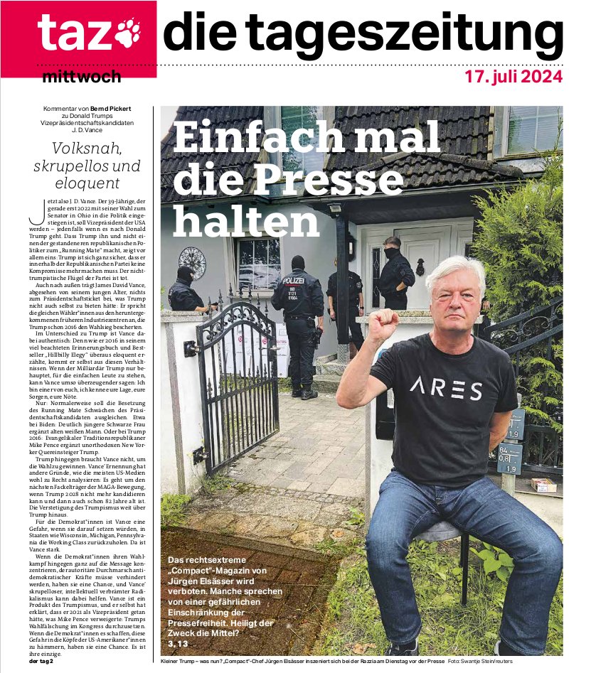Ultima Razzia: Muss man ein rechtes Hetzblatt wie #Compact verbieten? Jürgen Elsässer jedenfalls nutzt das Verbot schonmal für seine Opfererzählung <a href="/tazgezwitscher/">taz</a>