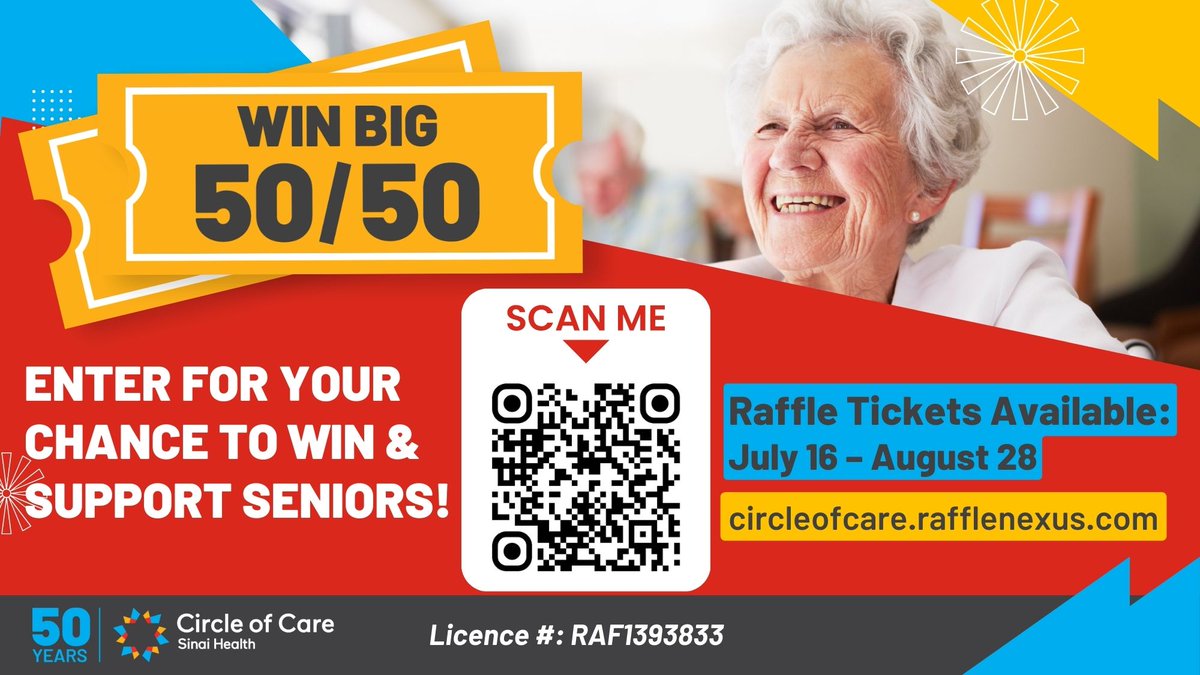 🎉 Celebrate 50 years with us! Join our 50/50 raffle to support senior programs and win half the jackpot! 🎟️ Tickets: July 16 - Aug 28. Don't miss out! Get yours today at bit.ly/4cXGCfO 🙌

#CircleofCareOnt #Raffle #5050Raffle #SupportSeniors #50YearsOfService