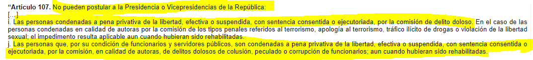 IDL_Rivera's tweet photo. #Fujimori, como cualquier condenado por delito doloso, NO puede ser candidato a presidente. No es un tema opinable. Es un mandato legal establecido en el art. 34-A de la CP y el art. 107 de la Ley de Elecciones. 
Si bien fue indultado -ilegalmente- ello no anula la condena. https://t.co/Kg0NTtfp5J