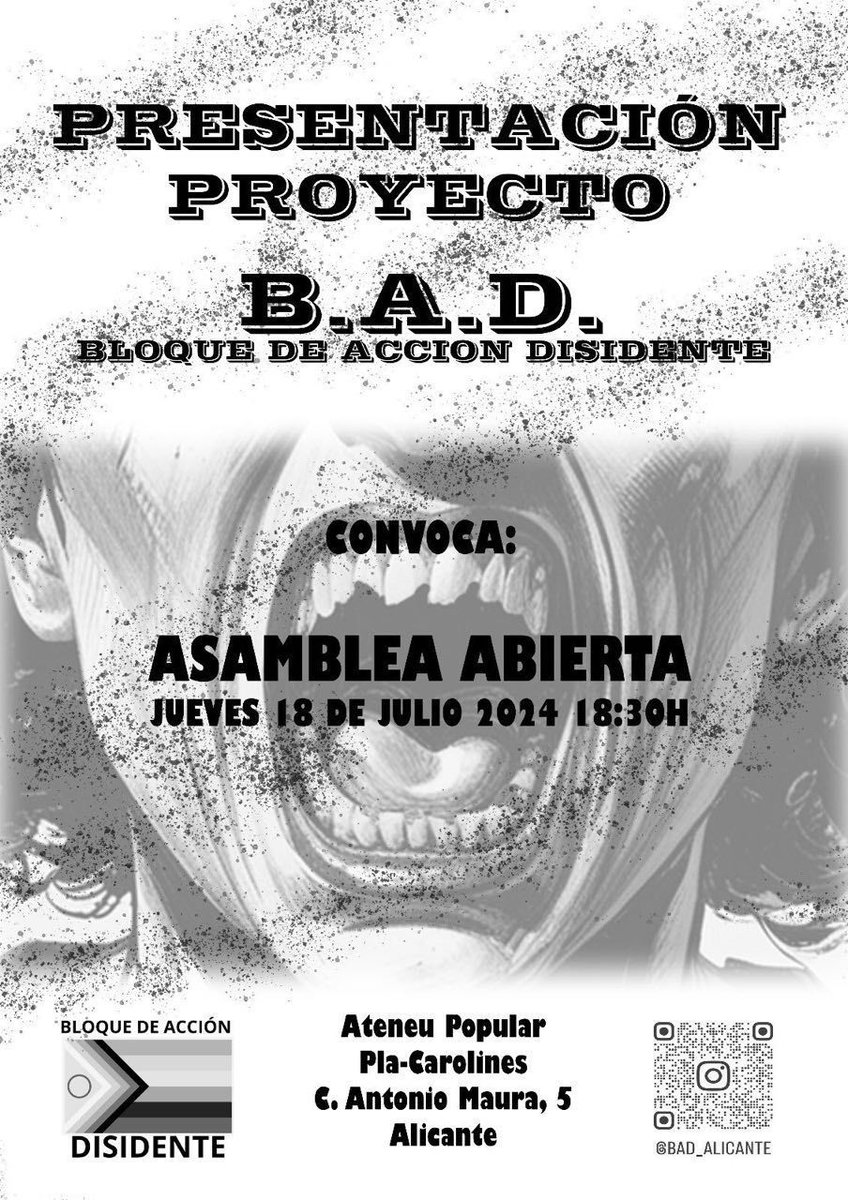 Presentación del Proyecto: B.A.D Bloque de Acción Disidente, contra el Orgullo LGTBIQ+ hegemónico.
-Asamblea Abierta.
Jueves 18 Julio. 18:30h. Ateneu Popular Pla-Carolines. 
C/.Antonio Maura 5. Alicante.
