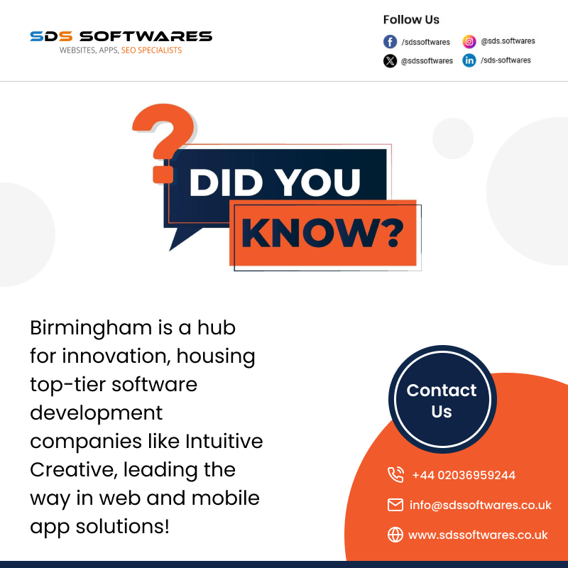 SDSSoftwares's tweet image. Did you know?
Birmingham is a hub for innovation, housing top-tier software development companies like Intuitive Creative, leading the way in web and mobile app solutions!

Visit us at: sdssoftwares.co.uk

#SoftwareDevelopment #TechCompany #BirminghamTech #SoftwareSolutions