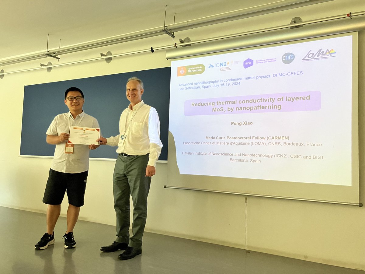 Yesterday, María Barra (<a href="/nanoGUNE/">CIC nanoGUNE</a>) and Peng Xiao (<a href="/icn2nano/">Catalan Institute of Nanoscience & Nanotechnology</a>) received the Nanolito Thesis Awards, supported by <a href="/ZEISS_Group/">ZEISS Group</a>, during the symposium on Advanced Nanolithography, in the framework of #BF2024. Congratulations! <a href="/GEFES_RSEF/">GEFES RSEF</a> <a href="/deteresa5/">Jose Maria De Teresa</a>