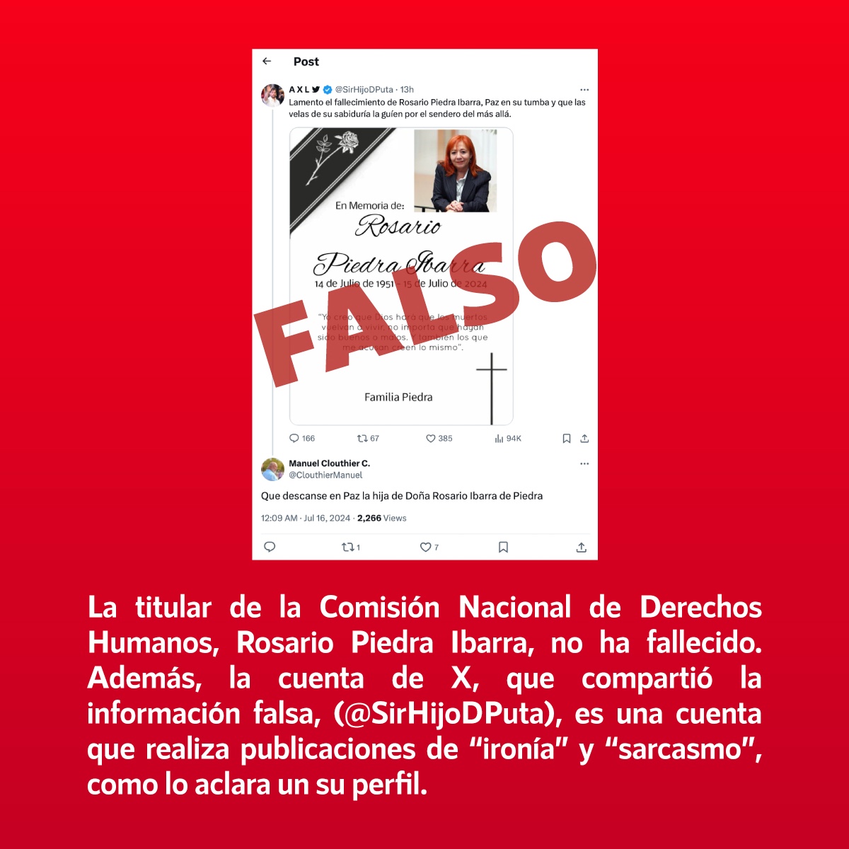 InfodemiaMx (@infodemiamex) on Twitter photo ❌Falso que falleció #RosarioPiedraIbarra
✅<a href="/RosarioPiedraIb/">Rosario Piedra Ibarra</a>, titular de la <a href="/CNDH/">CNDH en México</a>, no ha fallecido. La cuenta de <a href="/X/">X</a>, que comparte la información falsa sobre el fallecimiento de la funcionaria es conocida por su contenido de humor y sátira ❌Falso que falleció #RosarioPiedraIbarra
✅<a href="/RosarioPiedraIb/">Rosario Piedra Ibarra</a>, titular de la <a href="/CNDH/">CNDH en México</a>, no ha fallecido. La cuenta de <a href="/X/">X</a>, que comparte la información falsa sobre el fallecimiento de la funcionaria es conocida por su contenido de humor y sátira