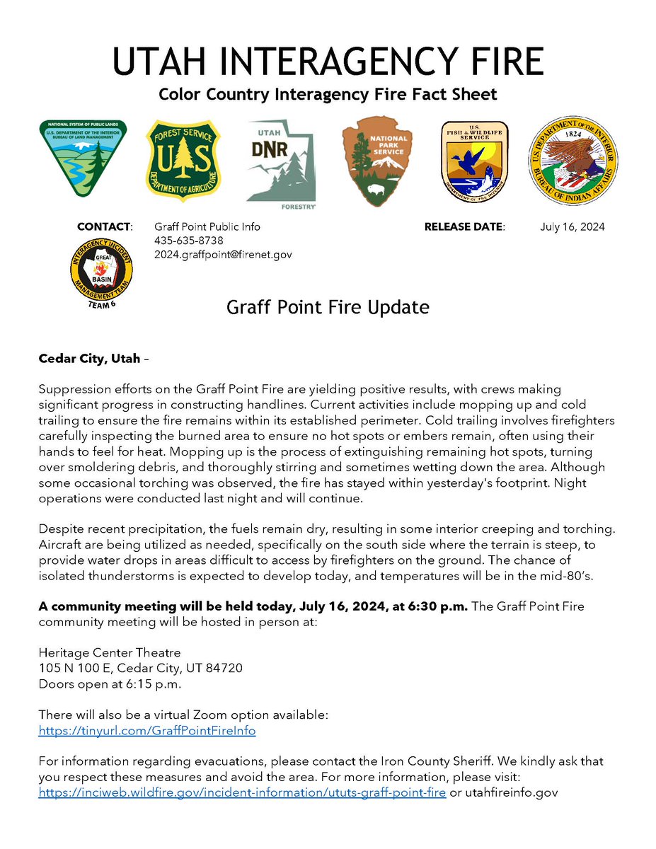 UtahWildfire's tweet photo. Suppression efforts on the #GraffPointFire are yielding positive results, with crews making significant progress in constructing handlines. Current activities include mopping up and cold trailing to ensure the fire remains within its established perimeter. https://t.co/g9tKIch7pa