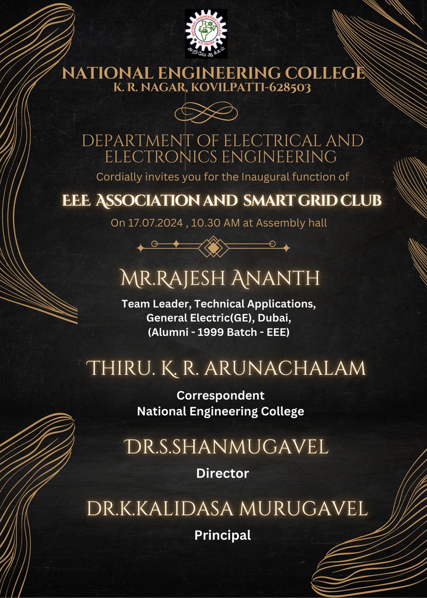 hod_eee_nec's tweet photo. EEE Association and Smart Grid Club Inauguration on 17.07.2024 at our Assembly Hall... All are Cordially invitedππ»π₯π₯...
@NECKVP
#ThinkEEEthinkNEC #necplacement #NECAlumni #Nationalengineeringcollege #kovilpatti #tamilnadu #placement2025 #placement #smartgrid #EEEAssociation https://t.co/enDE2kXLbe