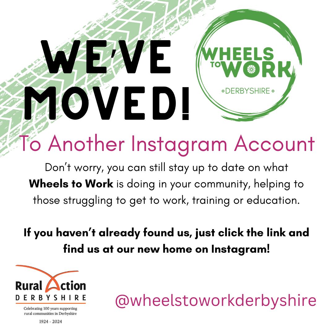 Rural Action Derbyshire's Wheels To Work Derbyshire has a brand new Instagram account.

Follow here to stay updated on their latest projects, initiatives, and more!

@wheelstoworkderbyshire

LINK:
instagram.com/wheelstoworkde…

#WheelsToWorkDerbyshire #FollowUs #CommunitySupport