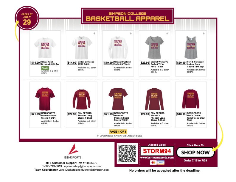 The Simpson Men's Basketball Online Gear Shop is now open! Get your Storm gear soon as the shop will be closing at the end of July. Orders get shipped directly to you!
bsnteamsports.com/shop/STORM94
