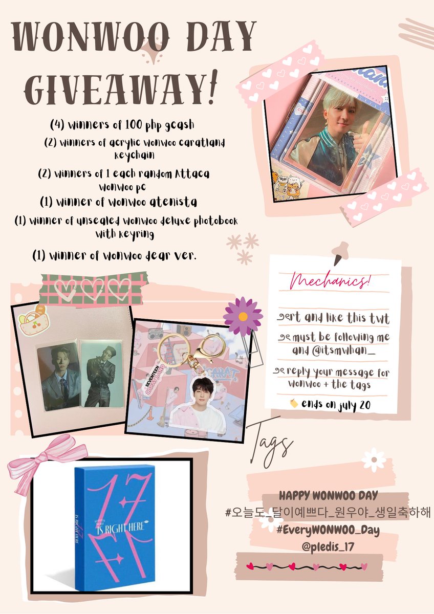 jajeanmyeon's tweet photo. 𐙚WONWOO BIRTHDAY GIVEAWAY! 

(4) winners of 100 php gcash 
(2) winners of acrylic wonwoo caratland keychain
(2) winners of random Attaca wonwoo pc 
(1) winner of wonwoo atenista 
(1) winner of unsealed wonwoo deluxe photobook with keyring 
(1) winner of wonwoo dear ver. 

౨ৎrt and like this twt
౨ৎ must be following me and @itsmwhan_
౨ৎ reply your message for wonwoo + the tags 
HAPPY WONWOO DAY
#오늘도_달이예쁘다_원우야_생일축하해
#EveryWONWOO_Day
@pledis_17

🏷️ ends on july 20