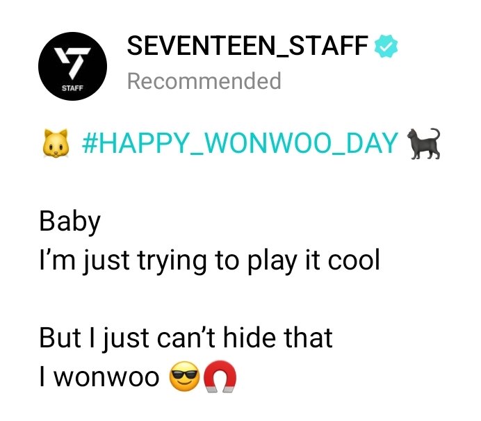 svteenwrld's tweet image. "but i just can't hide that i 'wonwoo'" 
i will admit you made me giggle with that one seventeen_staff, that's good.