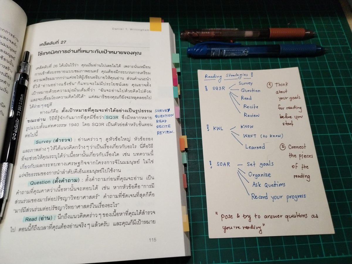 SayCoolEnglish's tweet image. เทคนิคการอ่านหนังสือแบบ SQ3R คือดีจริงขอคอนเฟิร์ม เพราะเทคนิคนี้ช่วยให้อ่านอย่างมีเป้าหมาย และช่วยในเรื่องของการเชื่อมโยงข้อมูลความรู้ต่างๆจากสิ่งที่อ่าน เริ่มจากการ
• Survey สำรวจดูหัวข้อหลัก/หัวข้อย่อย เพื่อให้เห็นภาพรวมของสิ่งที่เราจะอ่านก่อน
• Question…
