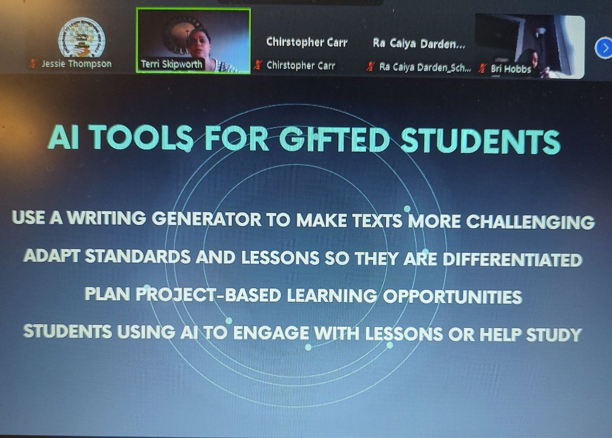 JCPSGT's tweet image. AI for Gifted! Our amazing team member Terri Skipworth is presenting about this right now! #GTInstitute24