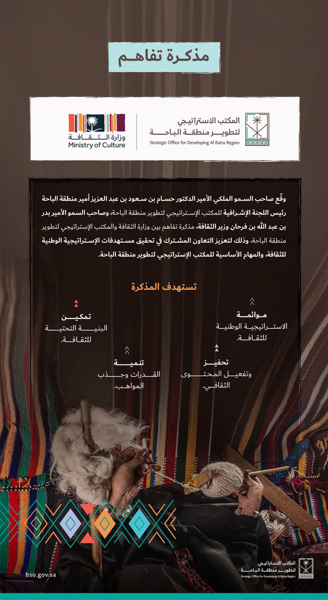 BSO_Albaha's tweet photo. لتمكين البنية التحتية الثقافية في منطقة #الباحة، 
تأتي مذكرة التفاهم بين
#المكتب_الاستراتيجي_لتطوير_منطقة_الباحة 
و #وزارة_الثقافة @MOCSaudi  ؛
ضمن التعاون المشترك في تحقيق المستهدفات الاستراتيجية لمنظومة الثقافة وتعزيز المهام الرئيسية للمكتب الاستراتيجي. https://t.co/TPidQNYiaq