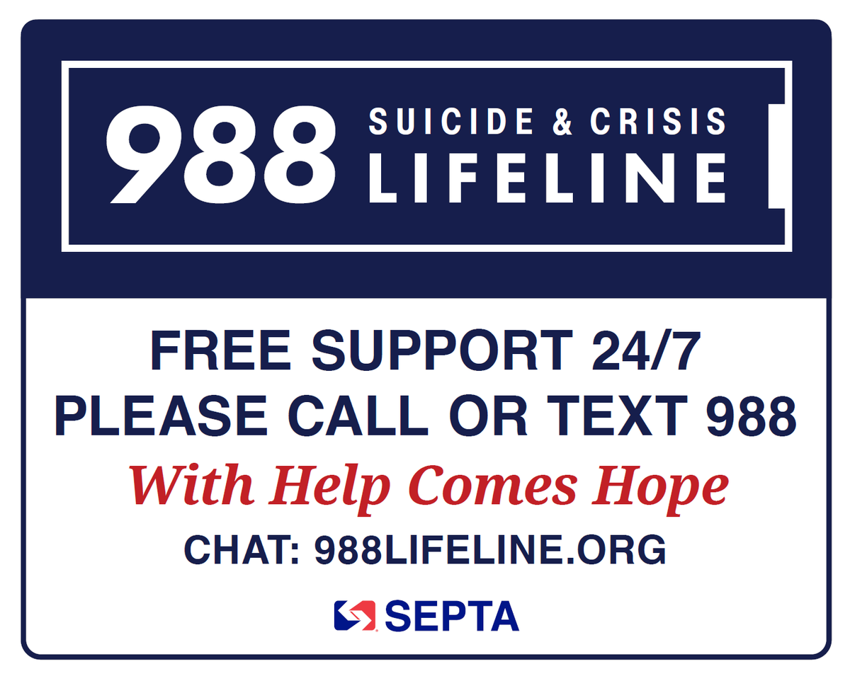 SEPTASafety's tweet image. Today mark&apos;s the 2 year anniversary of @988Lifeline. Throughout our system we have installed 988&apos;s contact information. If you or someone you know is struggling, please call or text 988. #WithHelpComesHope #NeverTooBusyForSafety #SuicidePrevention