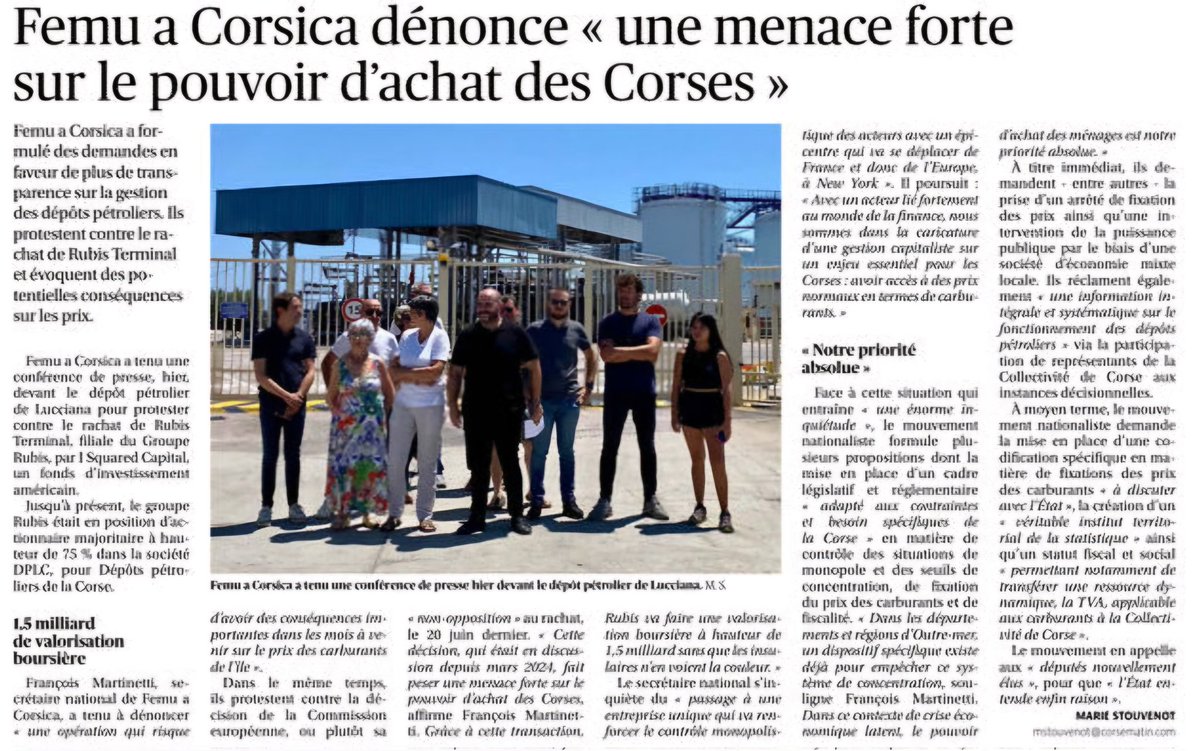 f_martinetti's tweet photo. Incù @Partitu_FemuAC, eramu davantu à u dipositu petrulieru di Lucciana per dinunzià a ricomprera di Rubis Terminal da u fondu di pensione americanu I Square chì rinfurzarà u munupoliu annant'à i carburanti !

Dapoi 2021, avemu pruposte chì devenu infine esse intese da u Statu ⤵️ https://t.co/LCDFgRiGd5