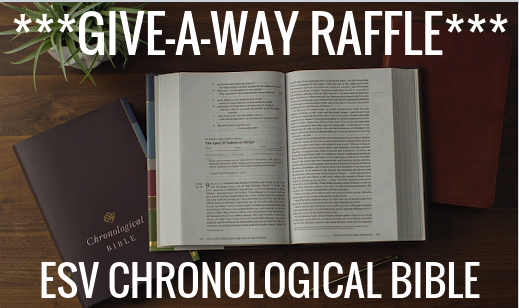 ***GIVE-A-WAY RAFFLE***

ESV Chronological BIBLE Review and GIVE-A-WAY!!  

Crossway publishers were gracious enough to provide me with this Bible to do a review and give-a-way.

TO ENTER THE GIVE-A-WAY please comment AMEN below and RE-TWEET and LOVE this post! 

5 winners will