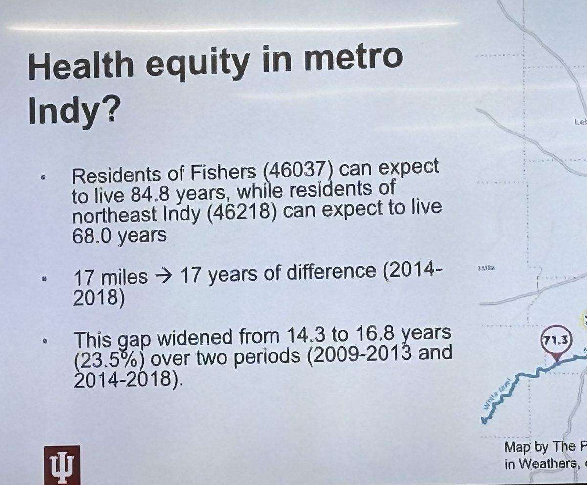 People in Fishers live 17 years longer than people who live in Indy's 46218 ZIP code. Attending an interesting health equity presentation from <a href="/IUPUI/">IUPUI</a> Richard M. Fairbanks School of Public Health.