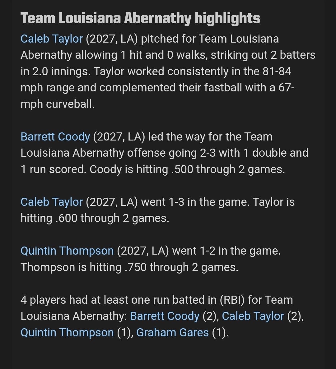 team_louisiana's tweet photo. Team Louisiana Abernathy lose a tough one 8-7 to the Florida Panthers and move to 1-1 in pool. Good guys were led at the plate by @coody_barrett of Rosepine #FAMILY https://t.co/6TIc6Zdma9