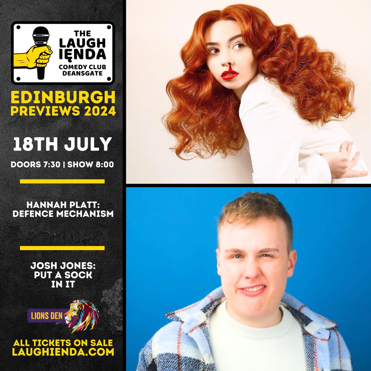 laughienda's tweet photo. This Thursday! 🤩🚨
The amazing @HannahThePlatt and the wonderful Josh Jones bring their new solo shows to @LionsDenMCR, back to back! 🚀
🎟️ Tickets are shifting fast:
https://t.co/7BSZZF6hLk
.
.
.
#comedy #manchester #standup #edinburgh #edinburghpreviews https://t.co/KnyXTzJTk9