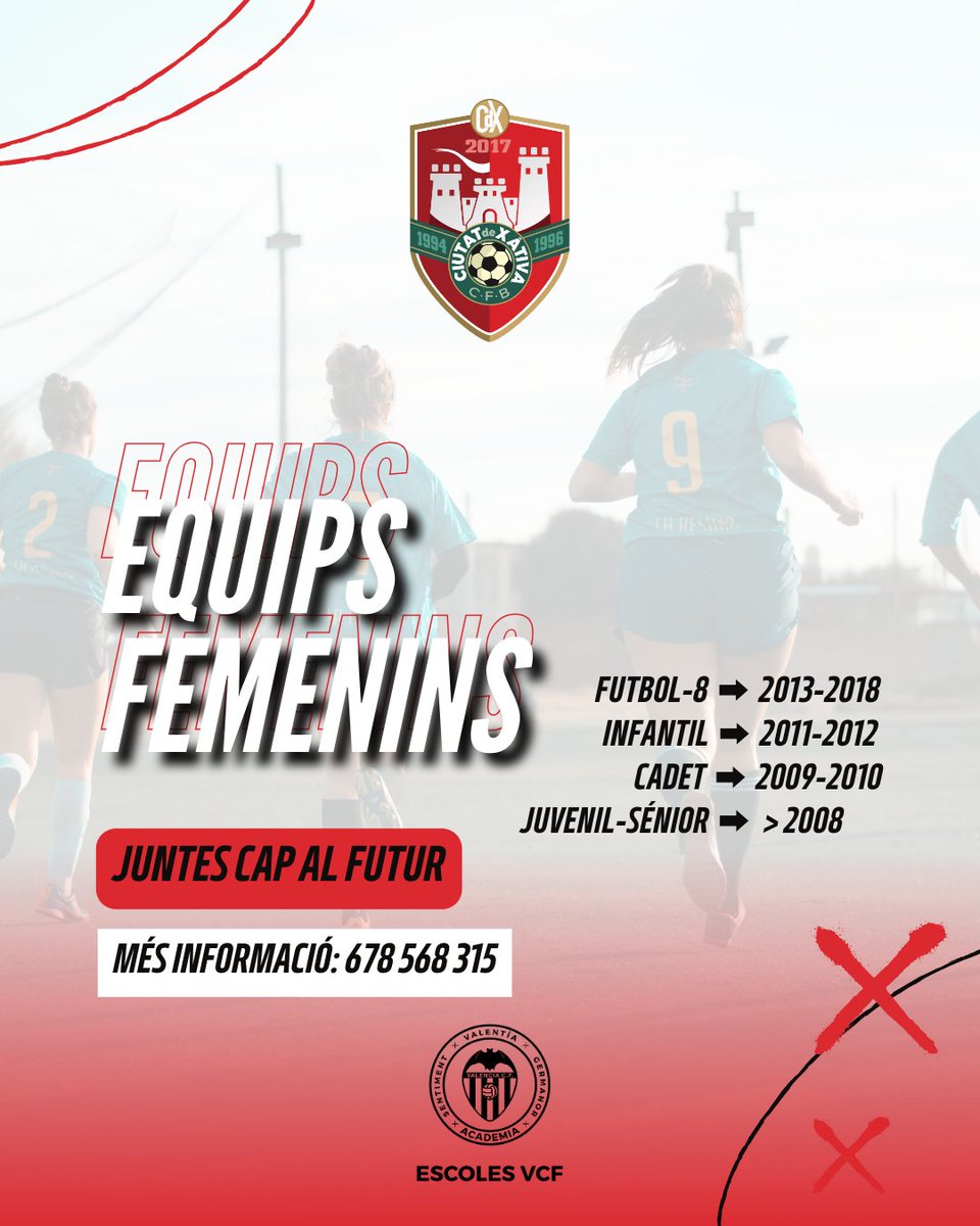 ⚽️ Vols formar part dels nostres equips femenins❓ 

👕 Uneix-te a la #FamíliaCDX i no te'n penediràs. Molt més que futbol. T'esperem‼️ 

▪️ Futbol-8 ➡️ 2013-2018
▪️ Infantil ➡️ 2011-2012
▪️ Cadet ➡️ 2009-2010
▪️ Juvenil-Sénior ➡️ >2008 

#FemeninsCDX #CDX24_25 #JuntsCapAlFutur