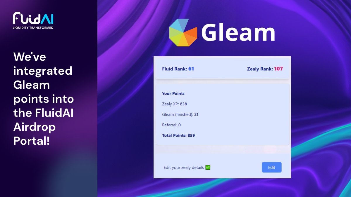 We've integrated Gleam points into the FluidAI Airdrop Portal! 🚀

👉 If you participated in our finished Gleam campaign, you can now see your points in “Your Profile” section.

👉 In order to see your points, you need to register to FluidAI Airdrop Portal using the same email