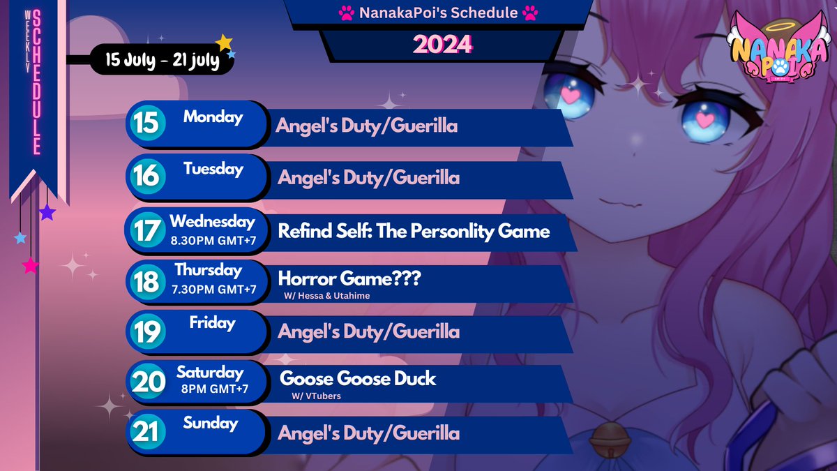 NanakaPoii's tweet photo. [Schedule]
Diusahakan tidak menjadi pitubir skem ehehe

[Hastag]   
#NanakaPoi [General]   
#7LivePoi [Live]   
#Nalerries [Art]   
#Nalawak [Meme]   
#Naklip [Clip] https://t.co/wIifHSC5GY