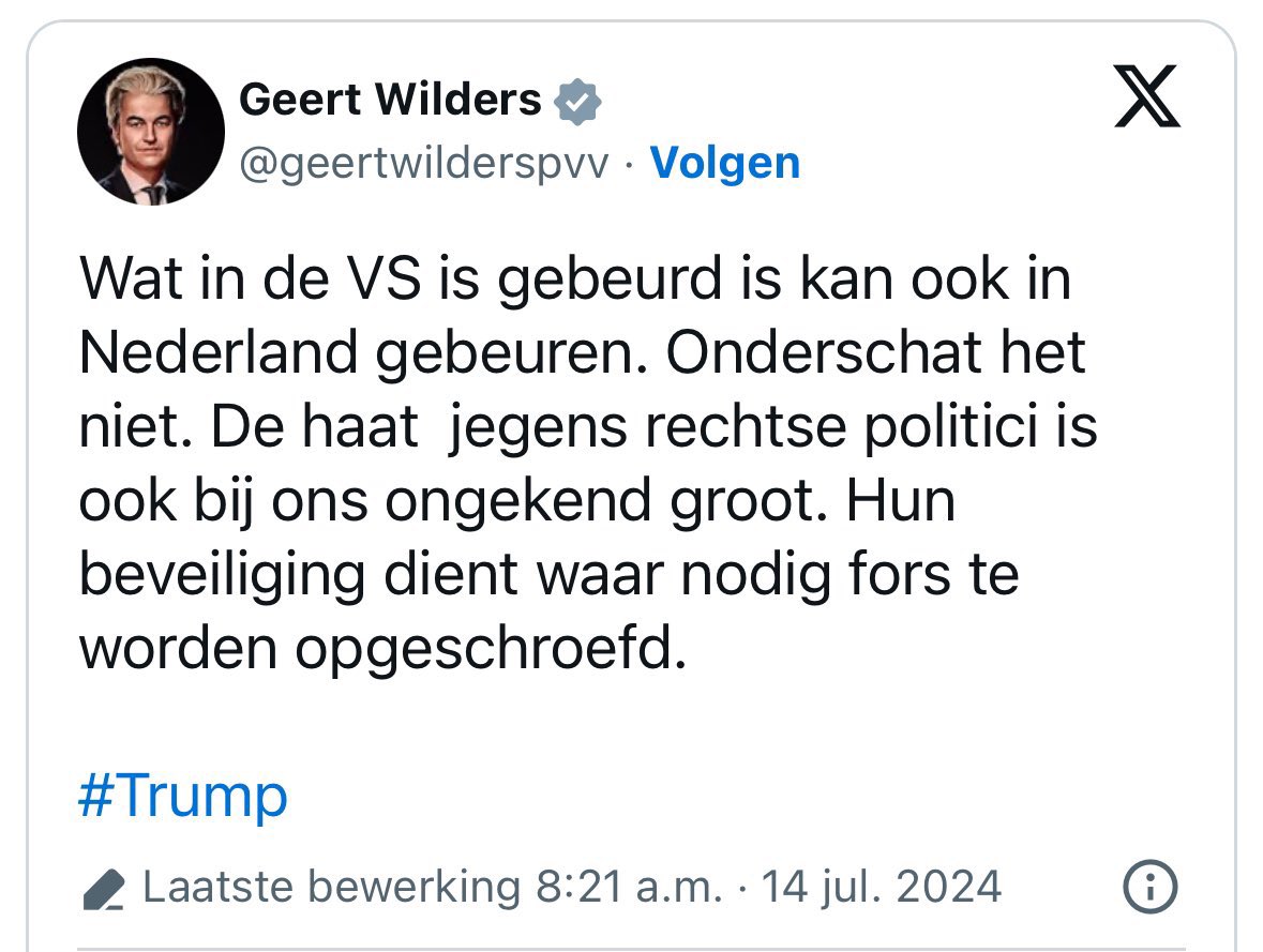 BartvanHorck's tweet photo. De haat richting “RECHTSE politici” is ook in NL ongekend groot, dixit Wilders na aanslag Trump.
Ondertussen 2 dagen dagen later: dader veroordeeld voor bedreiging Frans Timmermans. Veroordeelde dader had verboden wapens in bezit en grote hoeveelheid patronen…
#defeiten https://t.co/egOtO5Nz6J