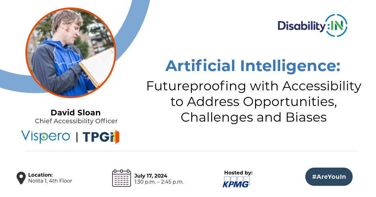 TPGinteractive's tweet photo. #DisabilityIN is here! Join Chief Accessibility Officer @sloandr for a panel discussion on July 17th at 1:30 PM PT, that will help you set the foundation for future-proofing your accessibility program.

Learn more: https://t.co/kUHXNSHCBg  

#ArtificialIntelligence #Accessibility https://t.co/KFLG1ac7N1