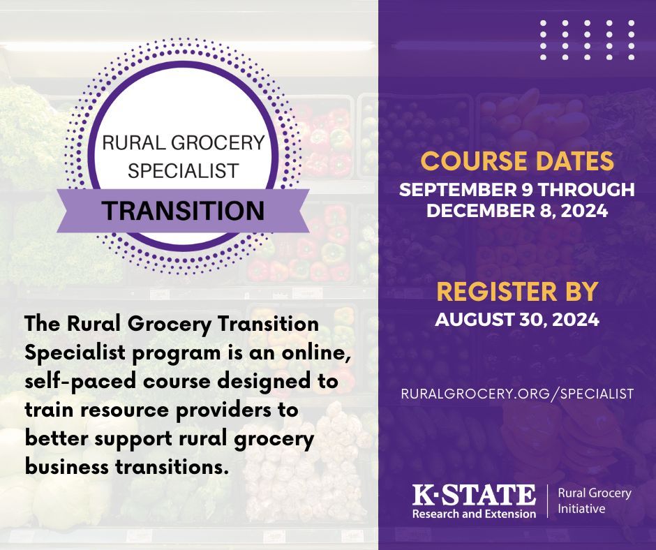 kstateextension's tweet photo. Registration is open for the Rural Grocery Transition Specialist program! This self-paced, online course is designed to train resource providers to better support rural grocery business transitions. Learn more and register here: https://t.co/Bb0f1ouECG

@KSU_RGI https://t.co/N2rD68Fy84