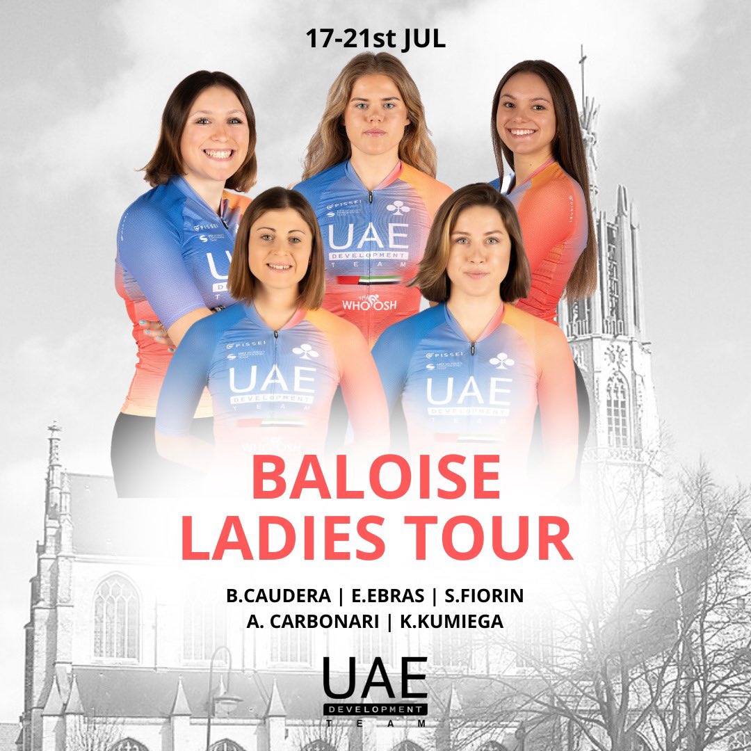 LINE UP 🇦🇪 UAE Development Team x Baloise Ladies Tour 

🇮🇹 CAUDERA Beatrice 
🇪🇪 EBRAS Elisabeth 
🇮🇹 FIORIN Sara 

and from UAE Team ADQ 

🇱🇻 CARBONARI Anastasia
🇵🇱 KUMIEGA Karolina 

#Believe #WeAreUAE #WeRideToInspire #UnitedToBeStronger #Cycling #Womencycling #UAEDevoTeam