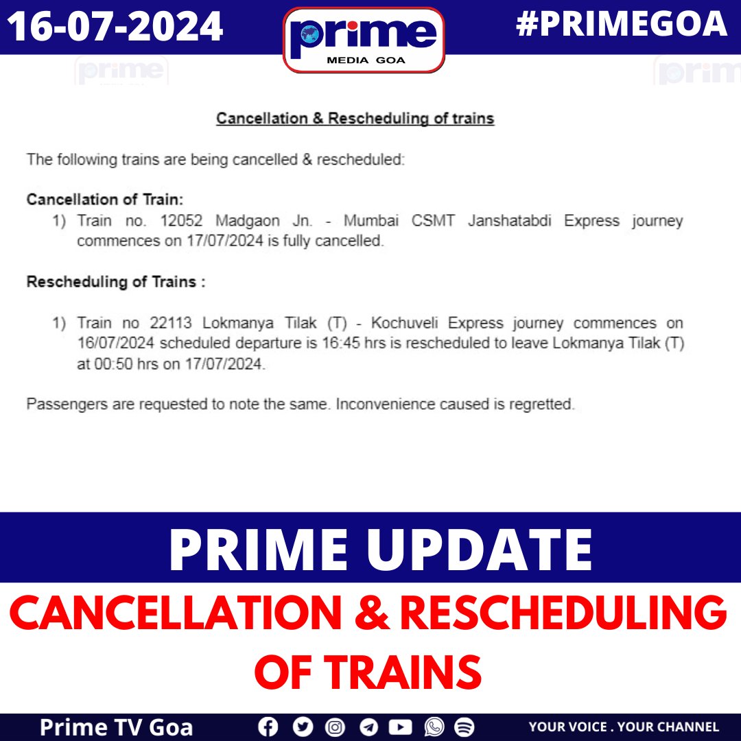 PrimeTVGoa's tweet photo. CANCELLATION & RESCHEDULING OF TRAINS
#PRIMEGOA #TV_CHANNEL #GOA #PRIMEUPDATE https://t.co/kxrCsavCQI