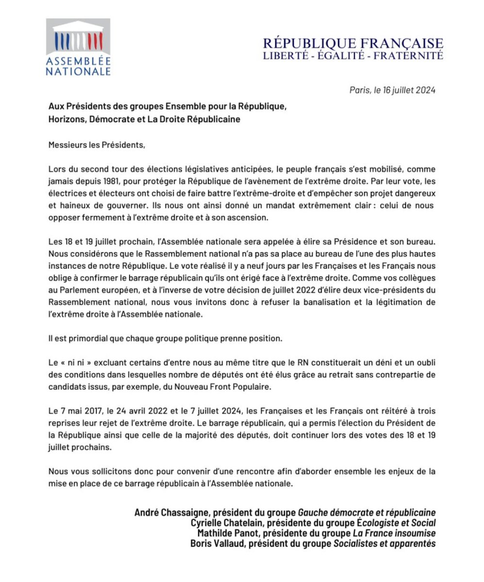 🔴🏛️ Assemblée nationale : les présidents des groupes du Nouveau Front populaire appellent à un "barrage républicain" contre le Rassemblement national lors de l'élection du Bureau de l'Assemblée, dans un communiqué adressé à leurs homologues des autres groupes.
#DirectAN