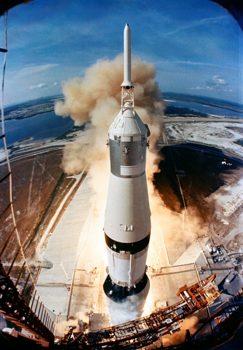 NASAJohnson's tweet photo. 7.5 million pounds of thrust to propel them into space and into history. 🚀

At 9:32 a.m. EDT, the #Apollo11 crew, @NASA_Astronauts Neil Armstrong, Buzz Aldrin, and Michael Collins launched on a Saturn V at Launch Complex 39A at the @NASAKennedy. The engines fired and Apollo 11 cleared the tower. Only 12 minutes later, the crew was in Earth orbit.

After one and a half orbits, Apollo 11 was a “go” for “Translunar Injection”. It was time to head for the #Moon. Three days later the crew was in lunar orbit. A day after that, Armstrong and Aldrin climbed into the lunar module Eagle and began the descent, while Collins remained in orbit in the command module Columbia. 

 #NASA #Launch #55thAnniversary
